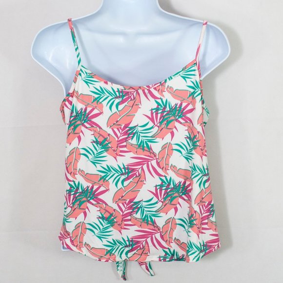 Poof Tie Front Tropical Tank Top Juniors Large L White Strappy Crisscross S02X - Picture 3 of 4